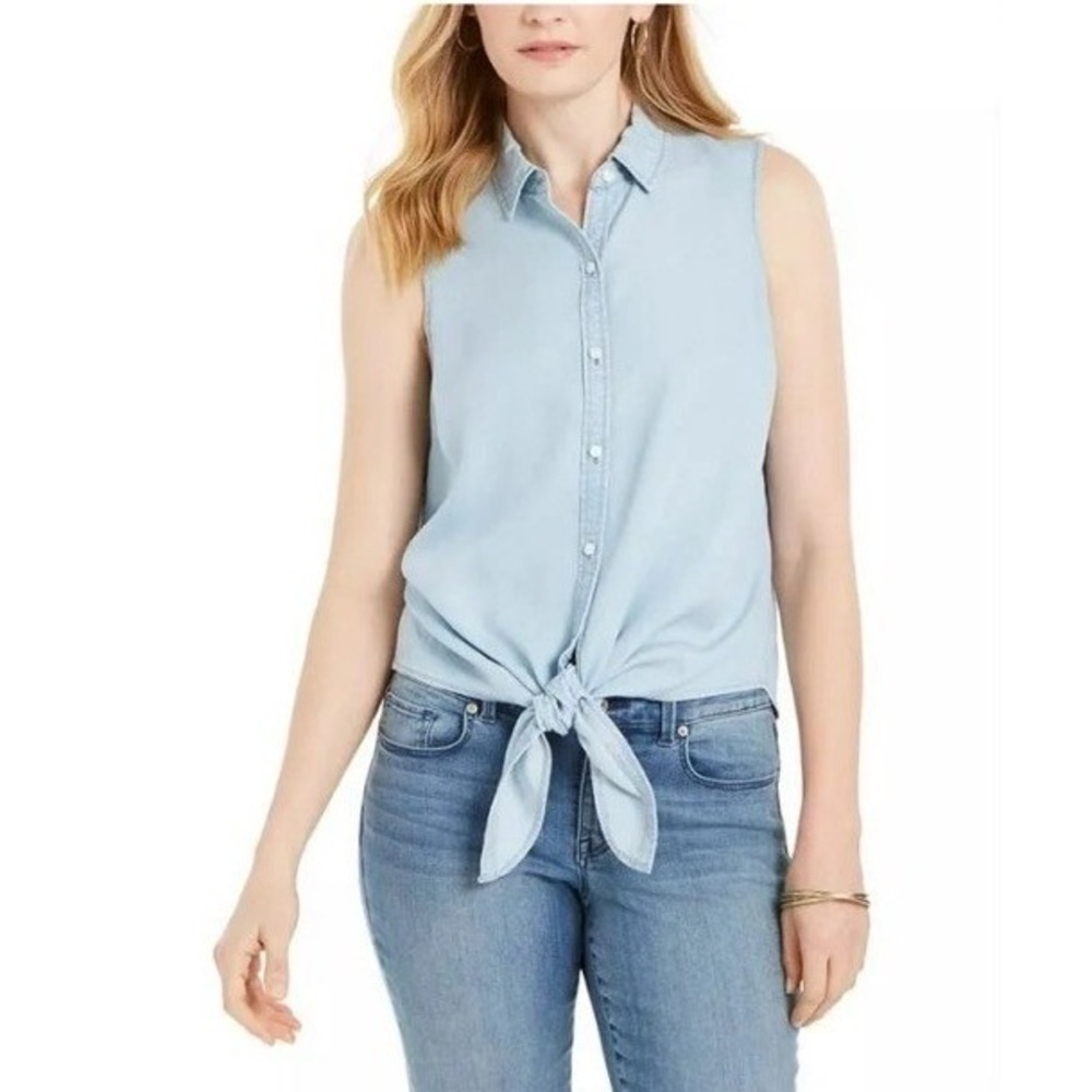 Charter Club Cotton Chambray Denim Tie Front (Light Blue, Size 4P) NWT